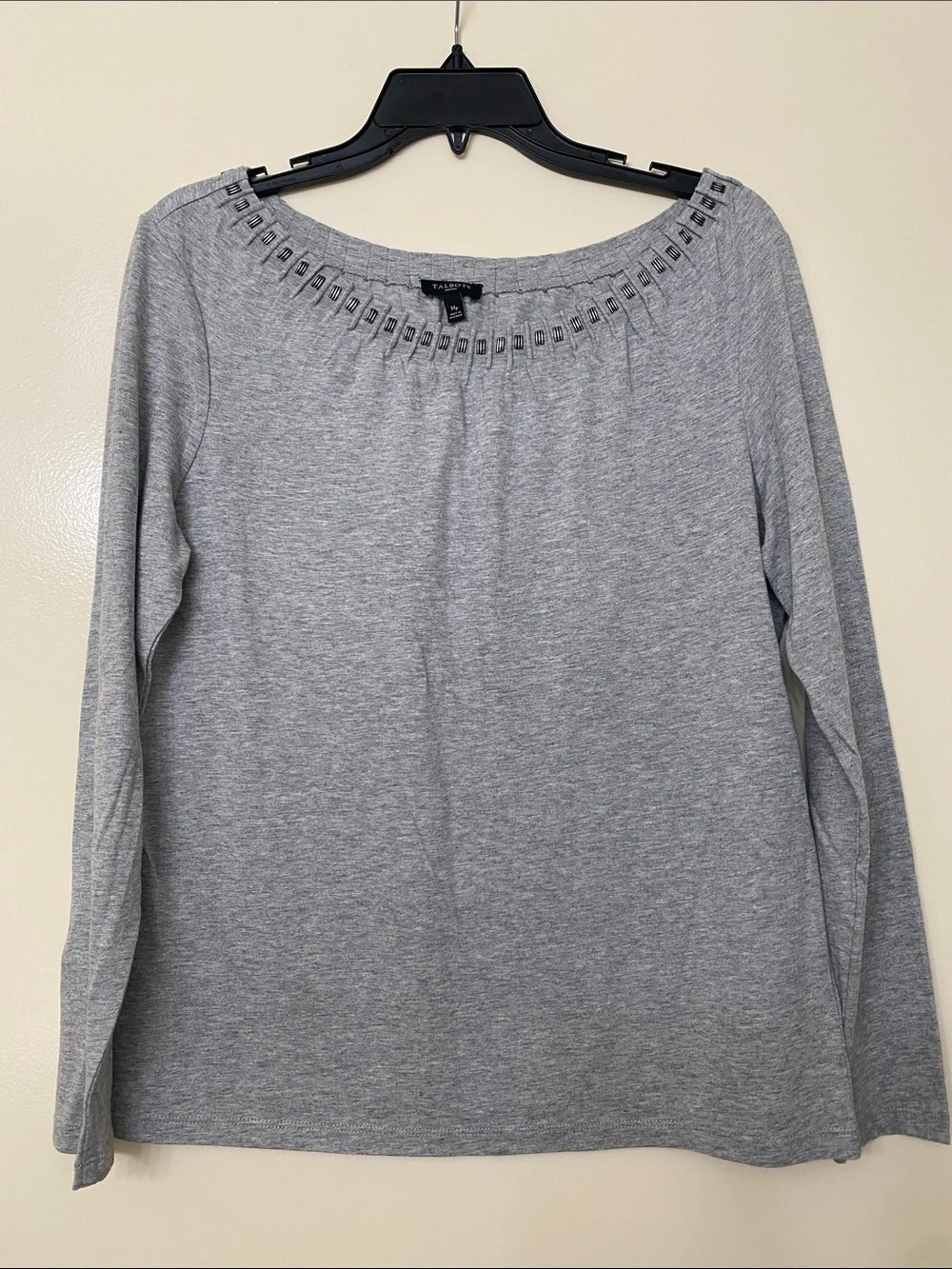 Talbots Heather Gray Long-Sleeve Top with Embellished Scoop Neck - Picture 1 of 4
